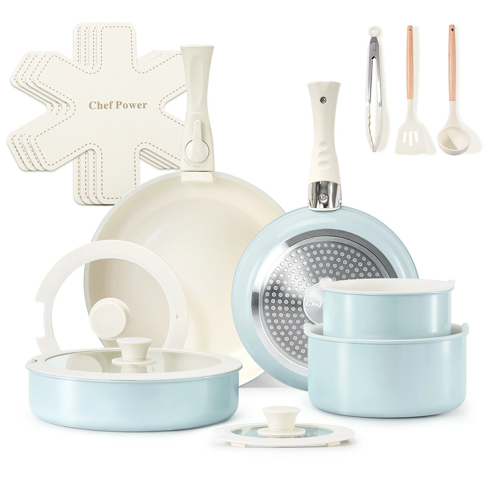 chef power nonstick nontoxic cookware set 19pcs light blue pots and pans with clip handle